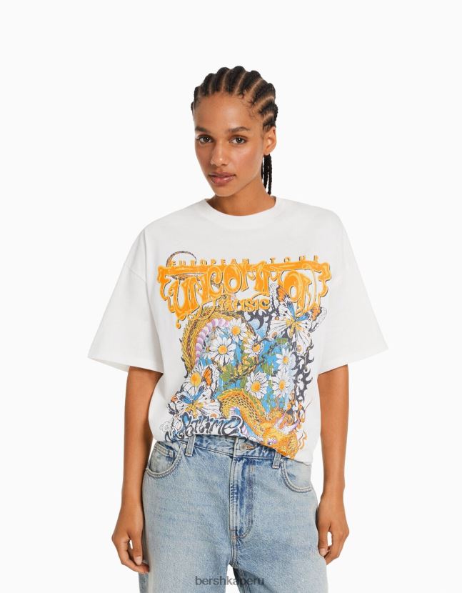 crema Bershka mujer playera oversize de manga corta estampada 806J6B362