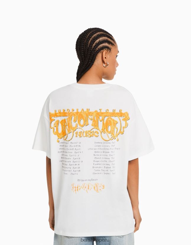 crema Bershka mujer playera oversize de manga corta estampada 806J6B362