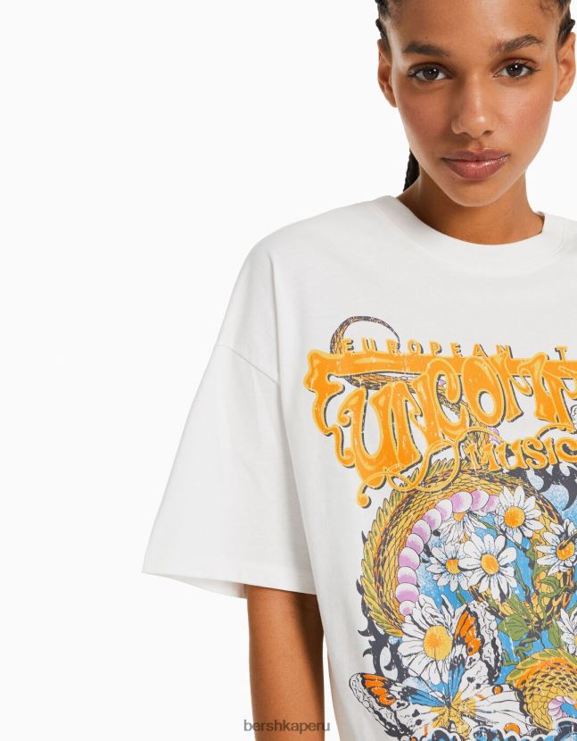 crema Bershka mujer playera oversize de manga corta estampada 806J6B362