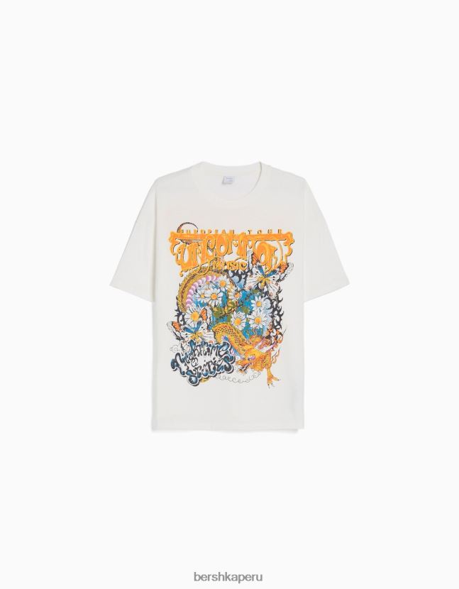 crema Bershka mujer playera oversize de manga corta estampada 806J6B362