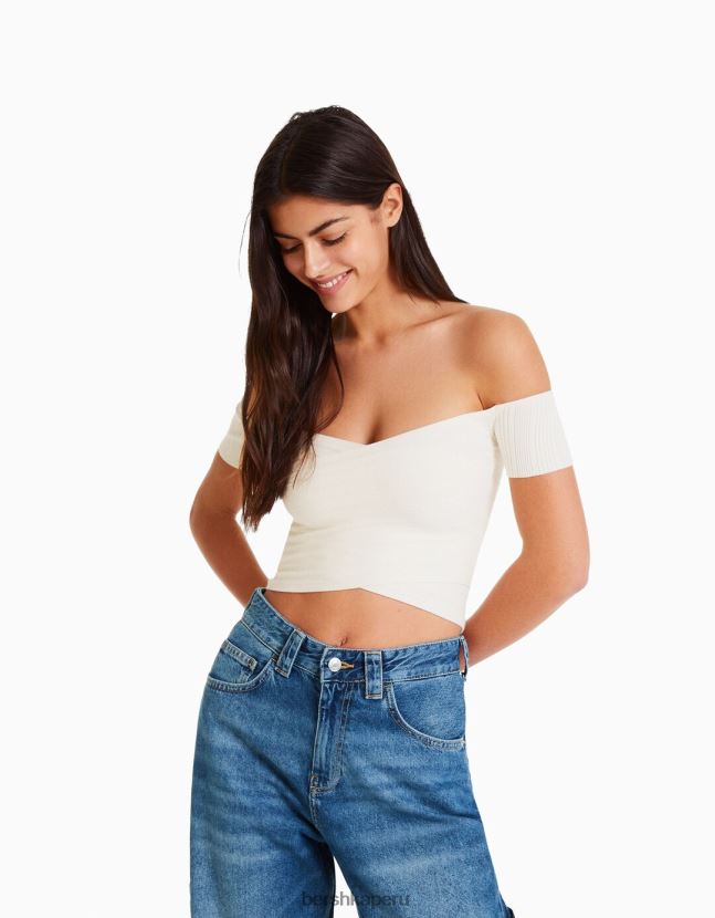 crema Bershka mujer top de punto de manga corta con detalle cruzado 806J6B413