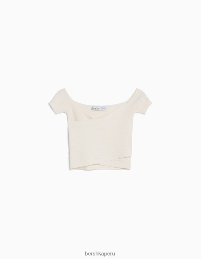 crema Bershka mujer top de punto de manga corta con detalle cruzado 806J6B413
