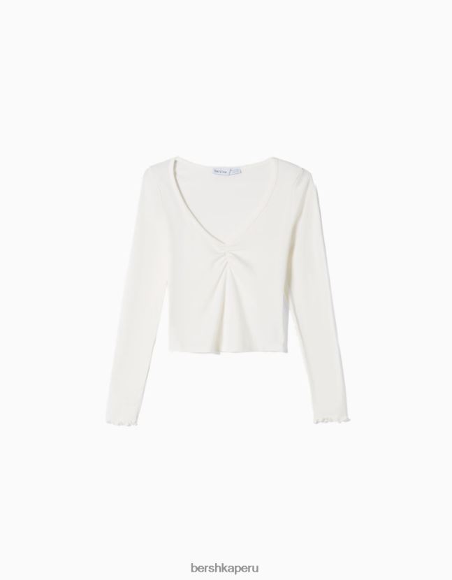 exclusivo Bershka mujer camiseta de manga larga con cuello de pico fruncido 806J6B549