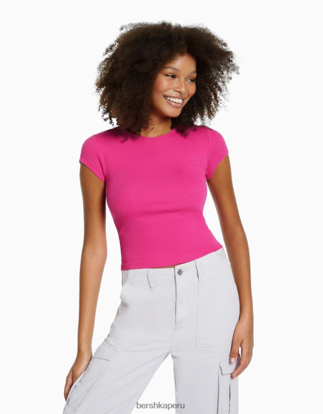 fucsia Bershka mujer camiseta de canalé manga corta 806J6B352