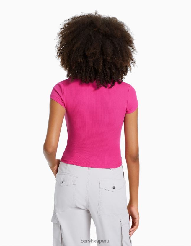 fucsia Bershka mujer camiseta de canalé manga corta 806J6B352