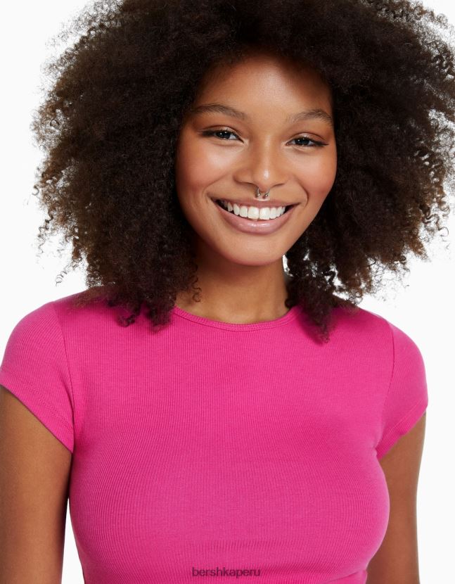fucsia Bershka mujer camiseta de canalé manga corta 806J6B352