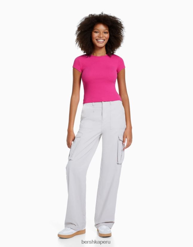 fucsia Bershka mujer camiseta de canalé manga corta 806J6B352