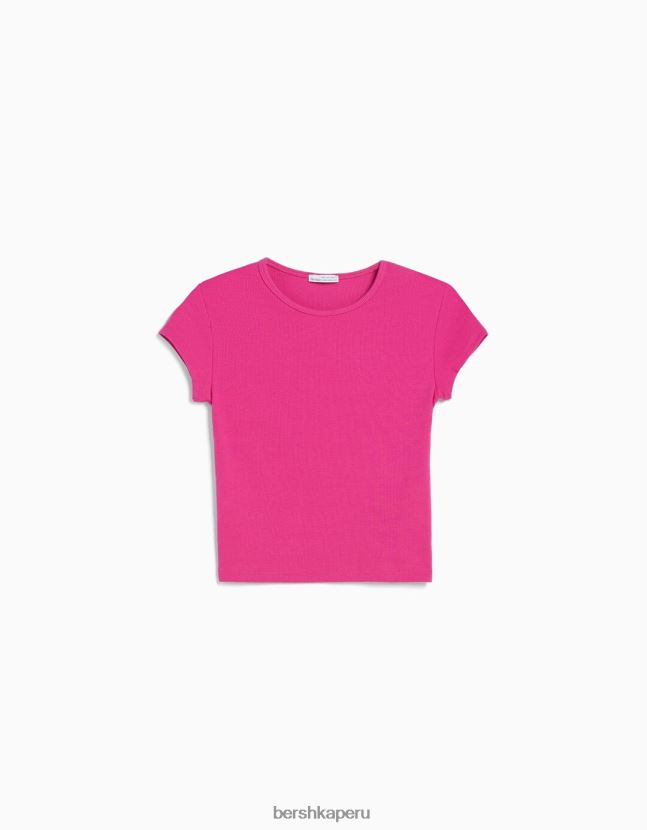 fucsia Bershka mujer camiseta de canalé manga corta 806J6B352