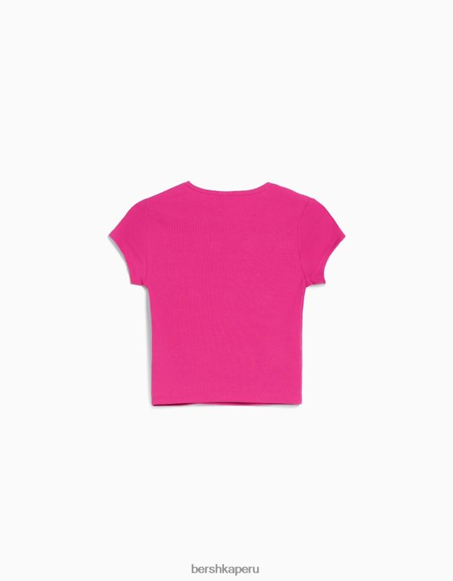 fucsia Bershka mujer camiseta de canalé manga corta 806J6B352