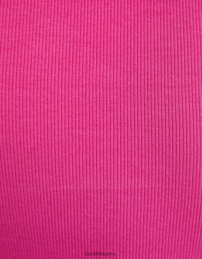 fucsia Bershka mujer camiseta de canalé manga corta 806J6B352