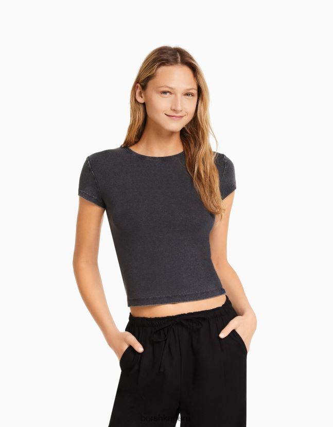 gris Bershka mujer camiseta ajustada de manga corta 806J6B478