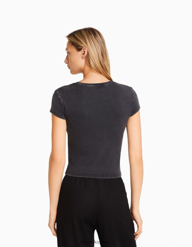 gris Bershka mujer camiseta ajustada de manga corta 806J6B478
