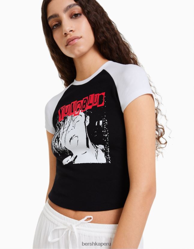 gris Bershka mujer camiseta con estampado de yungblud y mangas raglán cortas 806J6B515