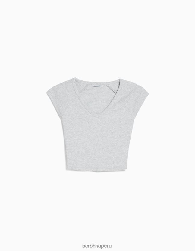 gris Bershka mujer camiseta corta ajustada con cuello en V y manga raglán 806J6B368
