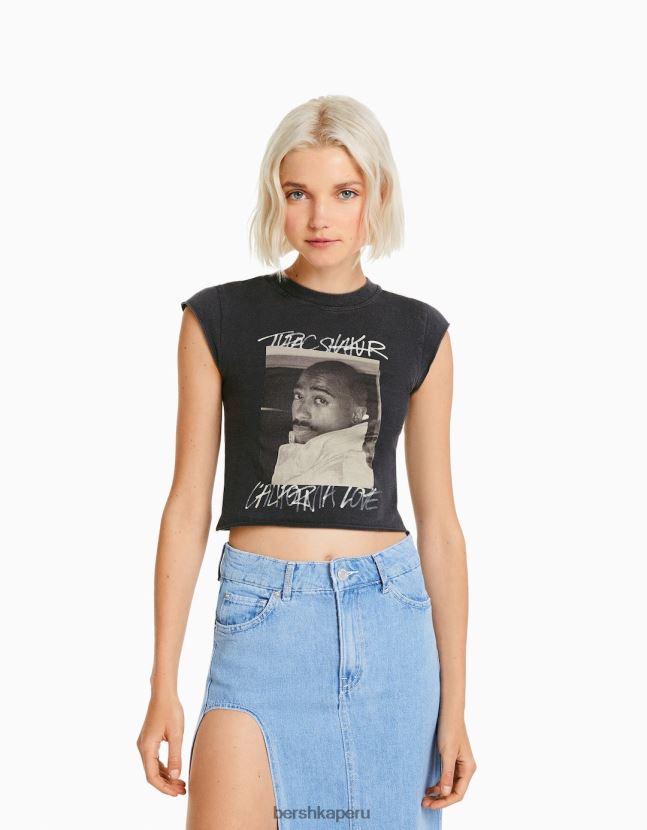 gris Bershka mujer camiseta corta sin mangas tupac 806J6B289