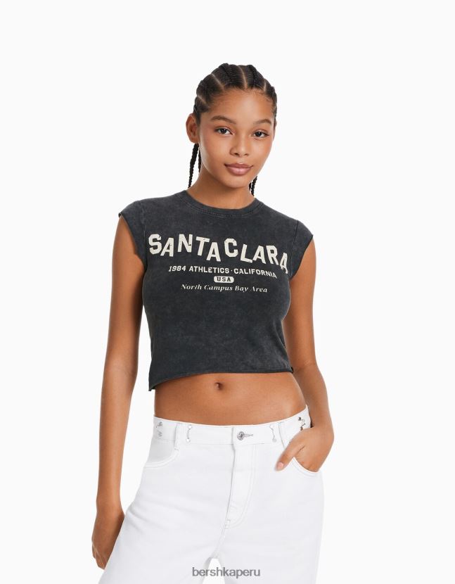 gris Bershka mujer camiseta cropped de manga corta con estampado 806J6B450