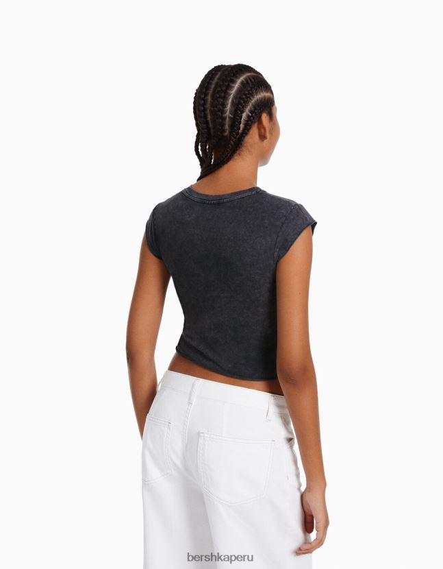 gris Bershka mujer camiseta cropped de manga corta con estampado 806J6B450