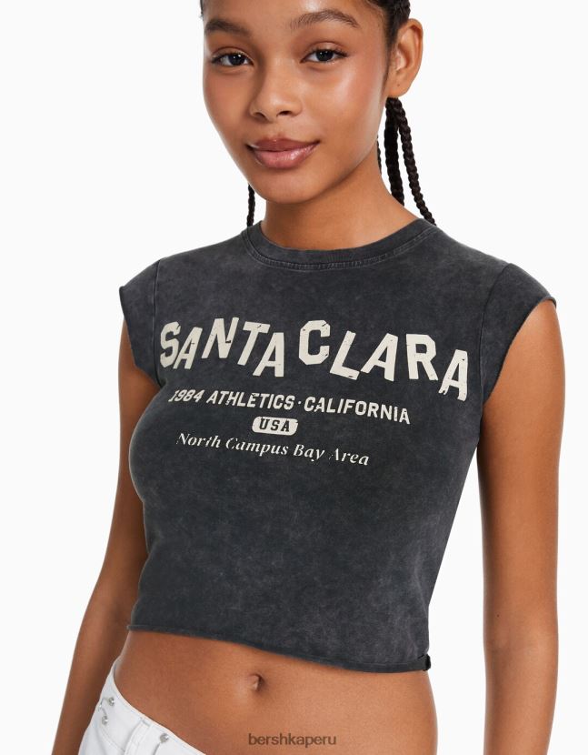 gris Bershka mujer camiseta cropped de manga corta con estampado 806J6B450