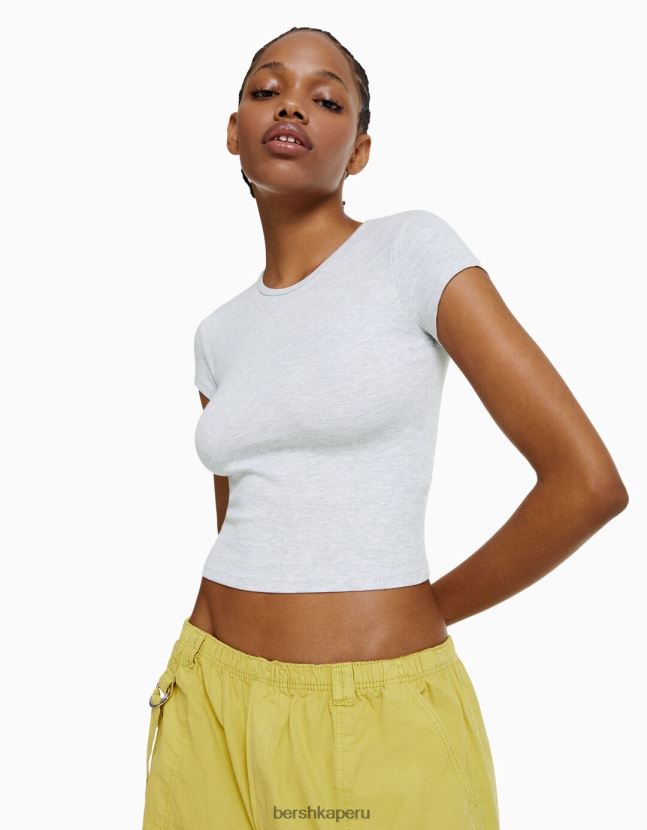 gris Bershka mujer camiseta de canalé manga corta 806J6B343