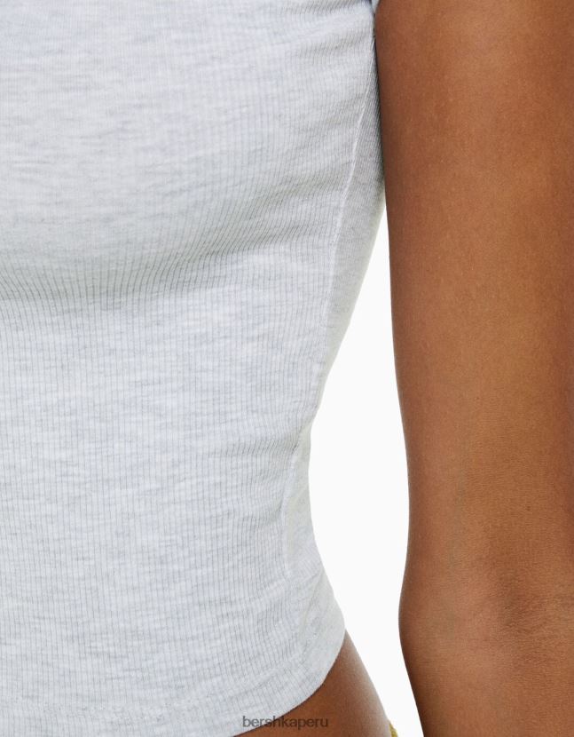 gris Bershka mujer camiseta de canalé manga corta 806J6B343