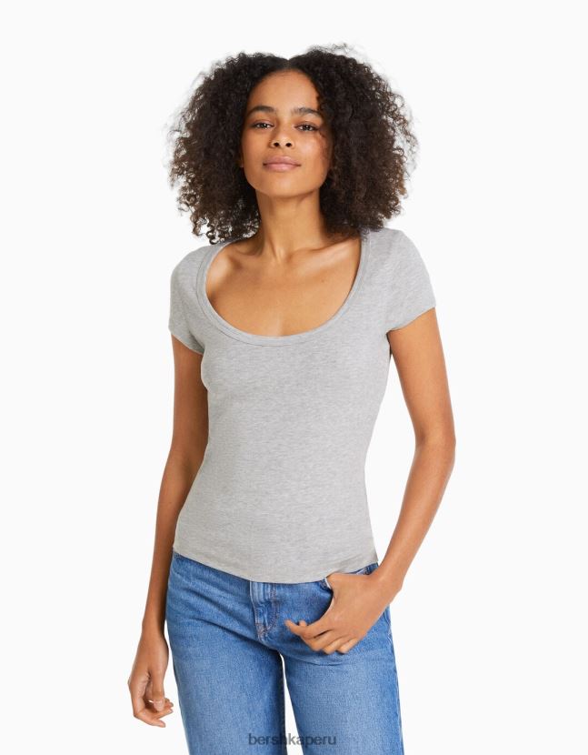 gris Bershka mujer camiseta de manga corta con cuello redondo 806J6B567