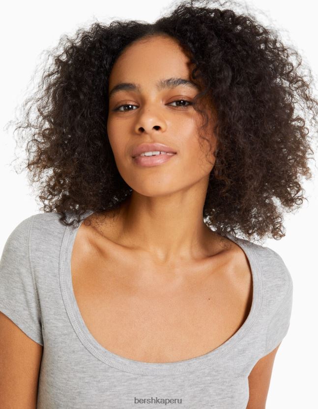 gris Bershka mujer camiseta de manga corta con cuello redondo 806J6B567