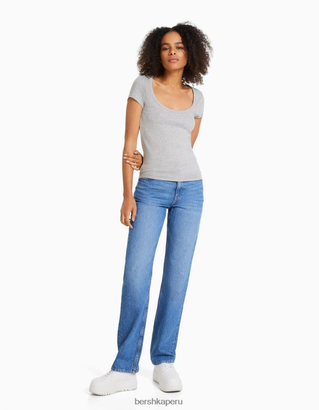 gris Bershka mujer camiseta de manga corta con cuello redondo 806J6B567
