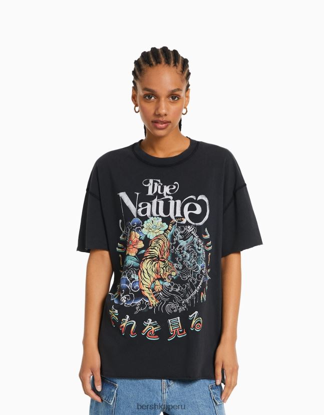 gris Bershka mujer camiseta de manga corta con estampado 806J6B361