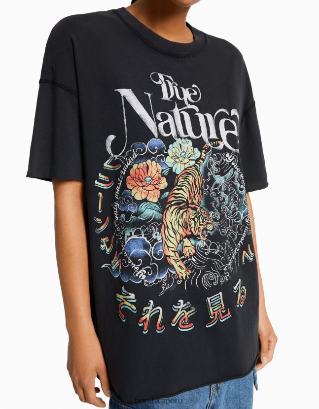 gris Bershka mujer camiseta de manga corta con estampado 806J6B361