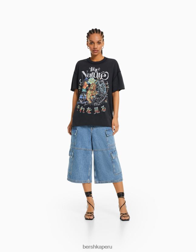 gris Bershka mujer camiseta de manga corta con estampado 806J6B361