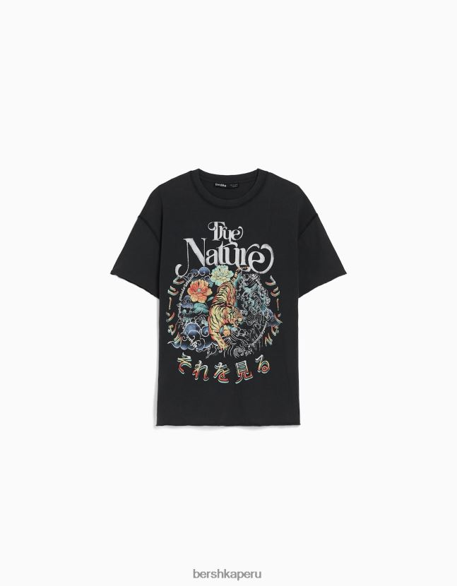 gris Bershka mujer camiseta de manga corta con estampado 806J6B361