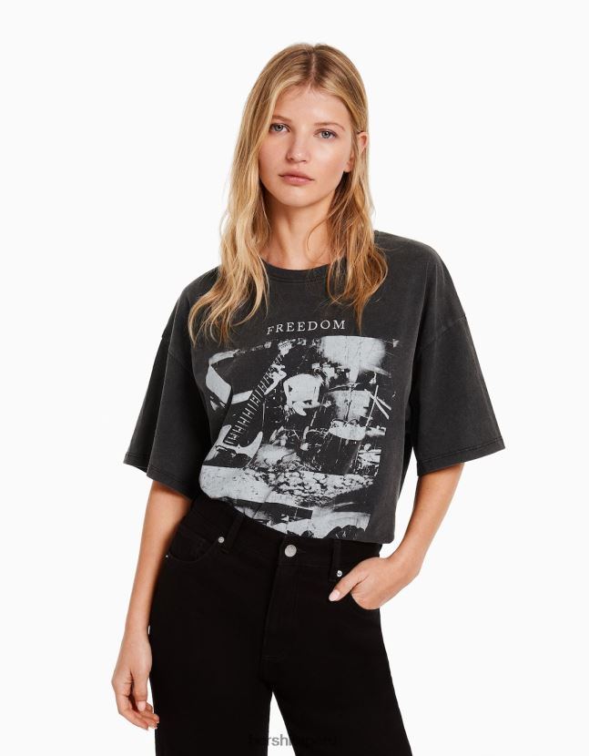 gris Bershka mujer camiseta de manga corta con estampado 806J6B550