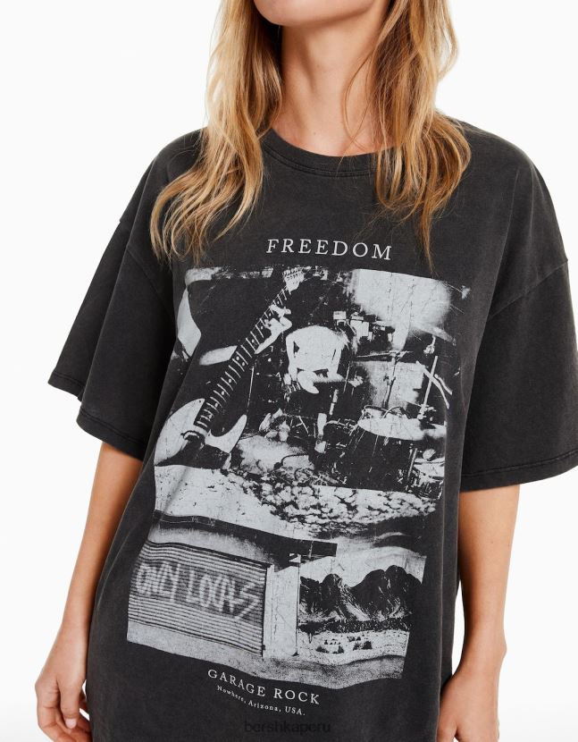 gris Bershka mujer camiseta de manga corta con estampado 806J6B550