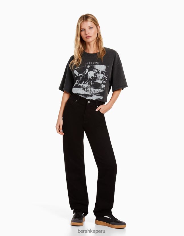 gris Bershka mujer camiseta de manga corta con estampado 806J6B550