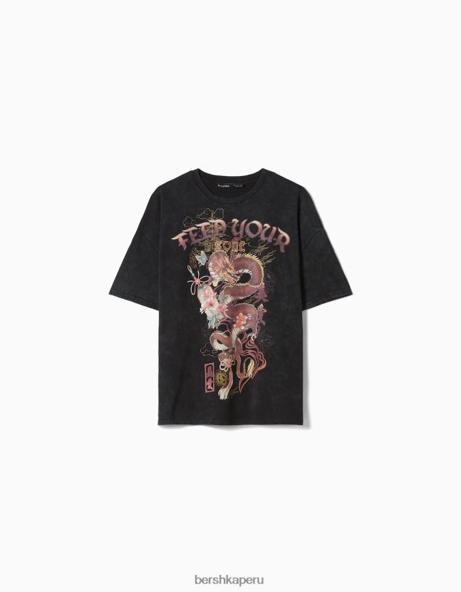gris Bershka mujer camiseta de manga corta con estampado 806J6B559