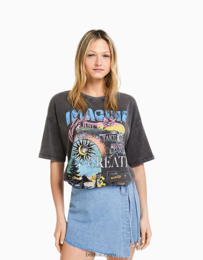 gris Bershka mujer camiseta de manga corta con estampado de efecto desgastado 806J6B464