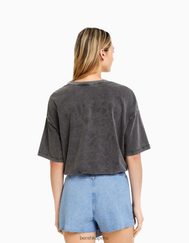 gris Bershka mujer camiseta de manga corta con estampado de efecto desgastado 806J6B464