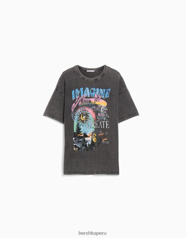 gris Bershka mujer camiseta de manga corta con estampado de efecto desgastado 806J6B464
