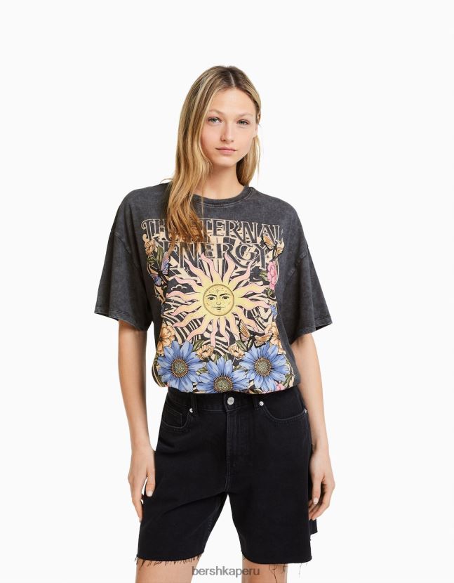 gris Bershka mujer camiseta de manga corta con estampado de efecto desgastado 806J6B465
