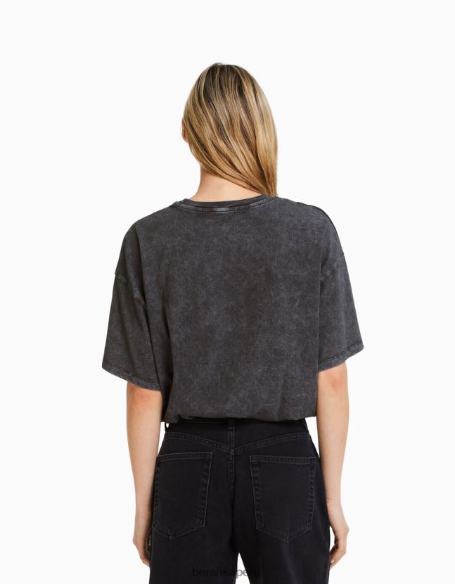 gris Bershka mujer camiseta de manga corta con estampado de efecto desgastado 806J6B465