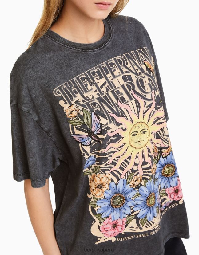 gris Bershka mujer camiseta de manga corta con estampado de efecto desgastado 806J6B465