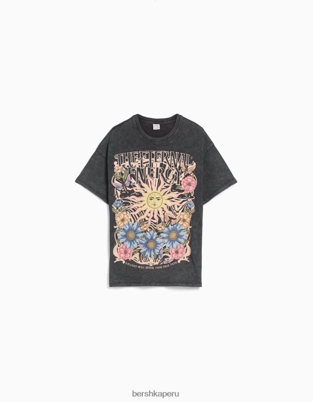 gris Bershka mujer camiseta de manga corta con estampado de efecto desgastado 806J6B465