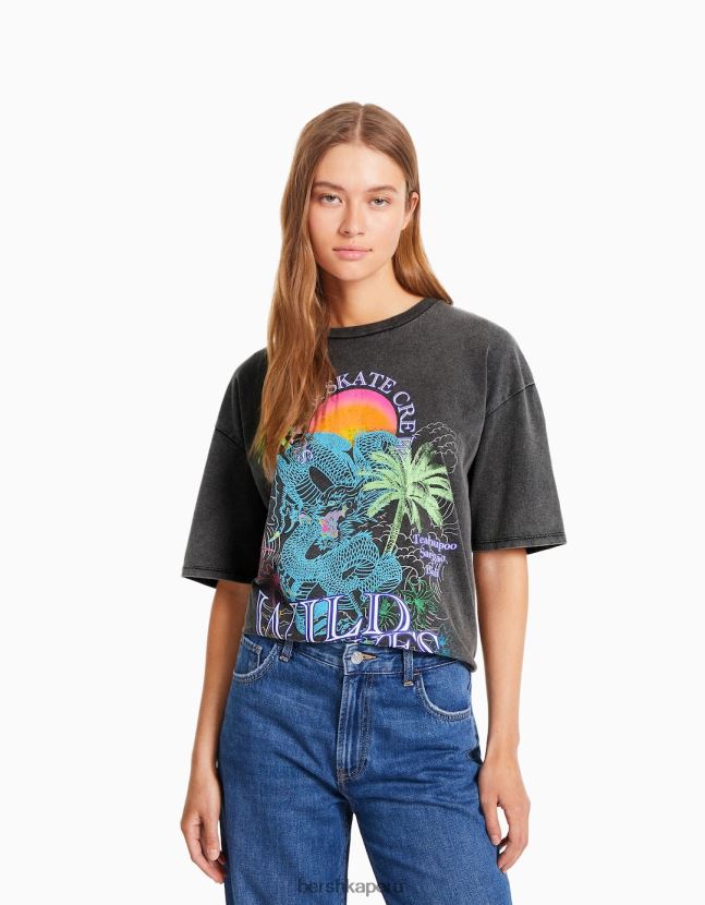 gris Bershka mujer camiseta de manga corta con estampado de efecto desgastado 806J6B467