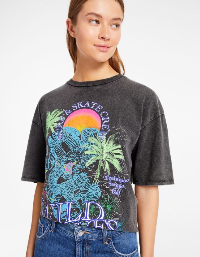 gris Bershka mujer camiseta de manga corta con estampado de efecto desgastado 806J6B467