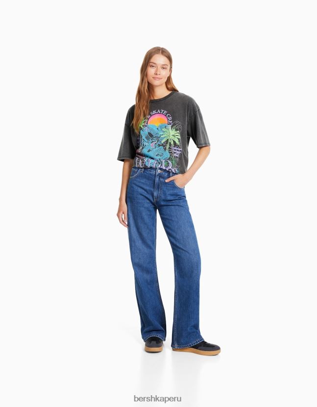 gris Bershka mujer camiseta de manga corta con estampado de efecto desgastado 806J6B467