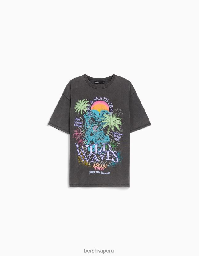 gris Bershka mujer camiseta de manga corta con estampado de efecto desgastado 806J6B467