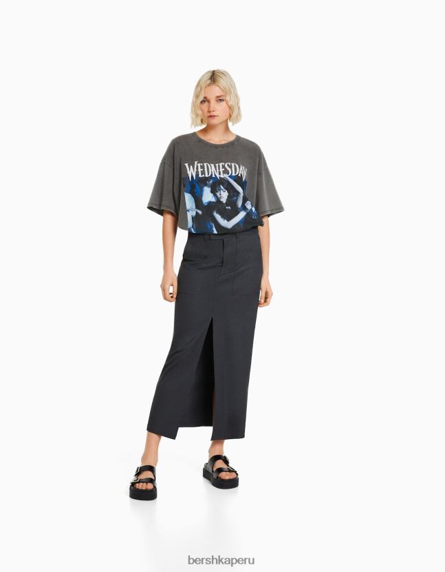 gris Bershka mujer camiseta de manga corta con estampado de miércoles 806J6B475