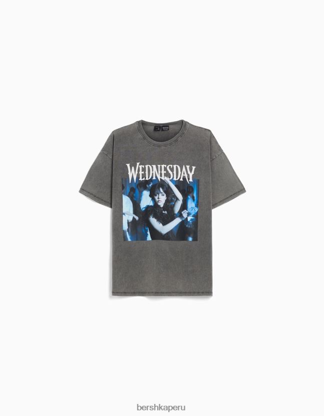 gris Bershka mujer camiseta de manga corta con estampado de miércoles 806J6B475