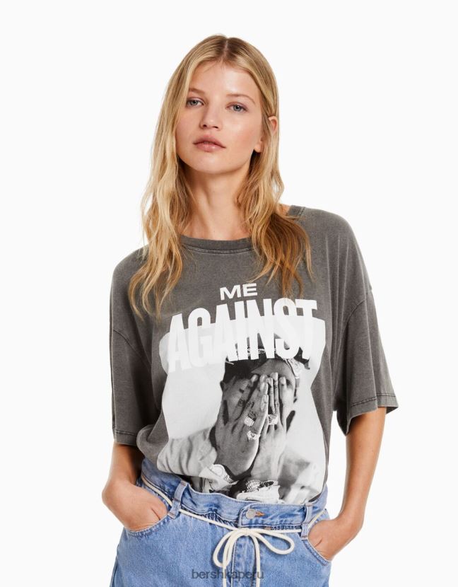 gris Bershka mujer camiseta de manga corta con estampado de tupac 806J6B2068