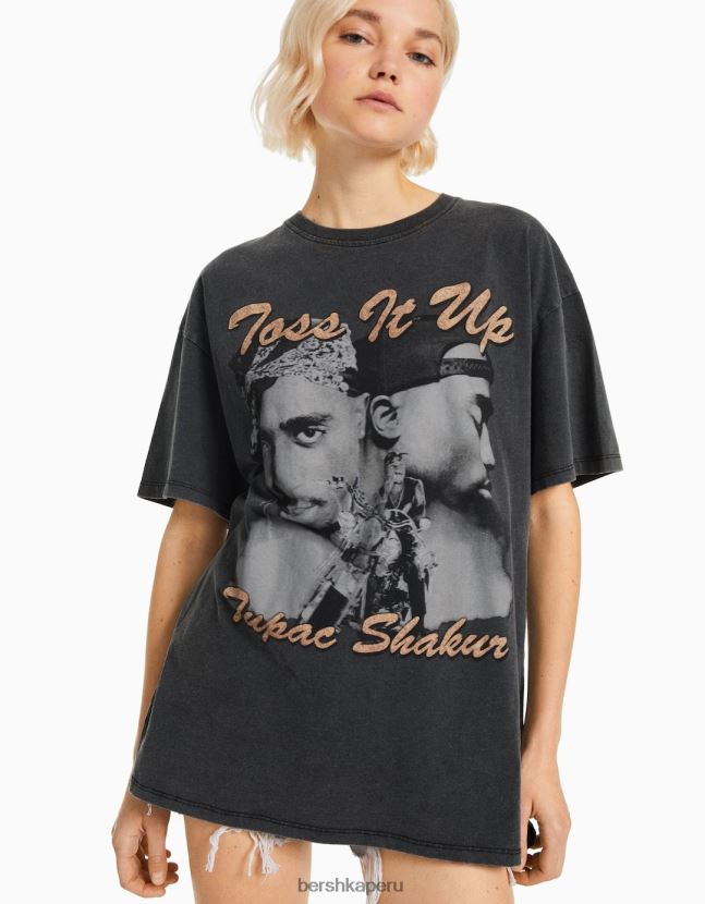 gris Bershka mujer camiseta de manga corta con estampado de tupac 806J6B338